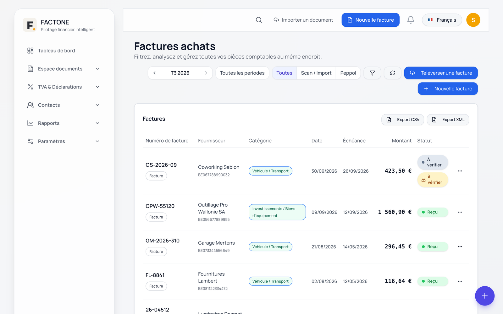 Liste des factures d’achat avec catégorie de dépense et statut