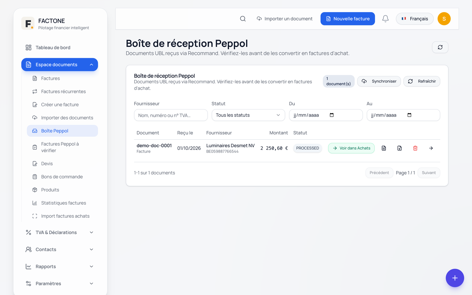 Boîte de réception Peppol avec une facture fournisseur reçue