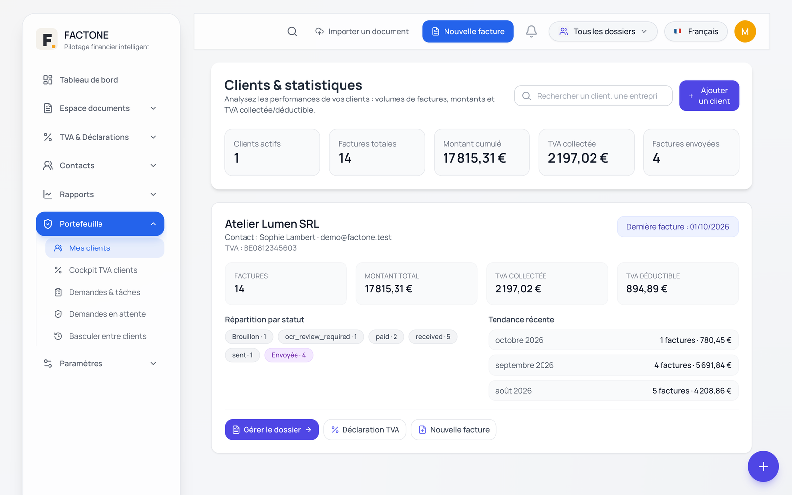 Espace comptable : clients, volumes et TVA collectée