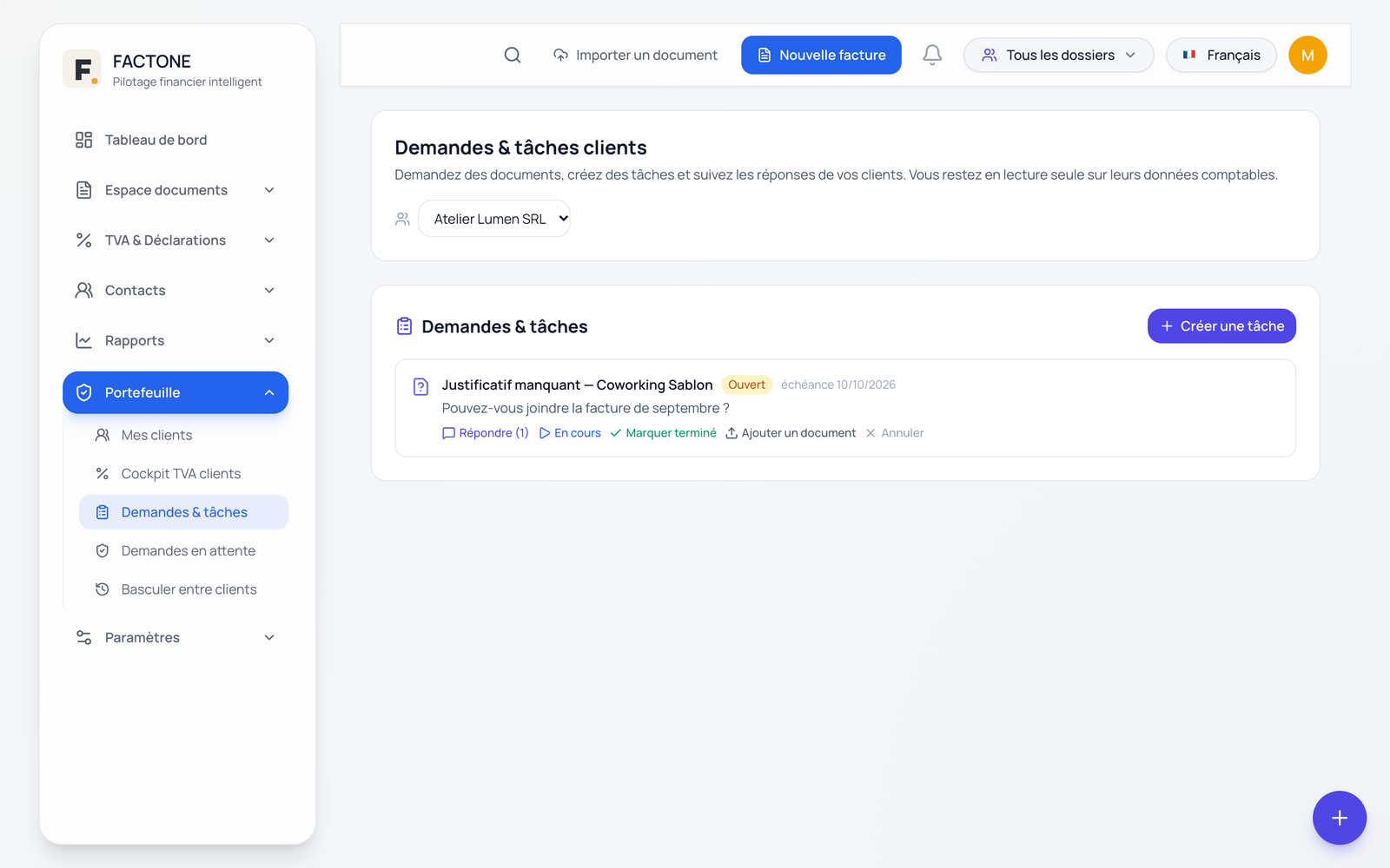 Espace comptable : tâche « justificatif manquant » envoyée au client