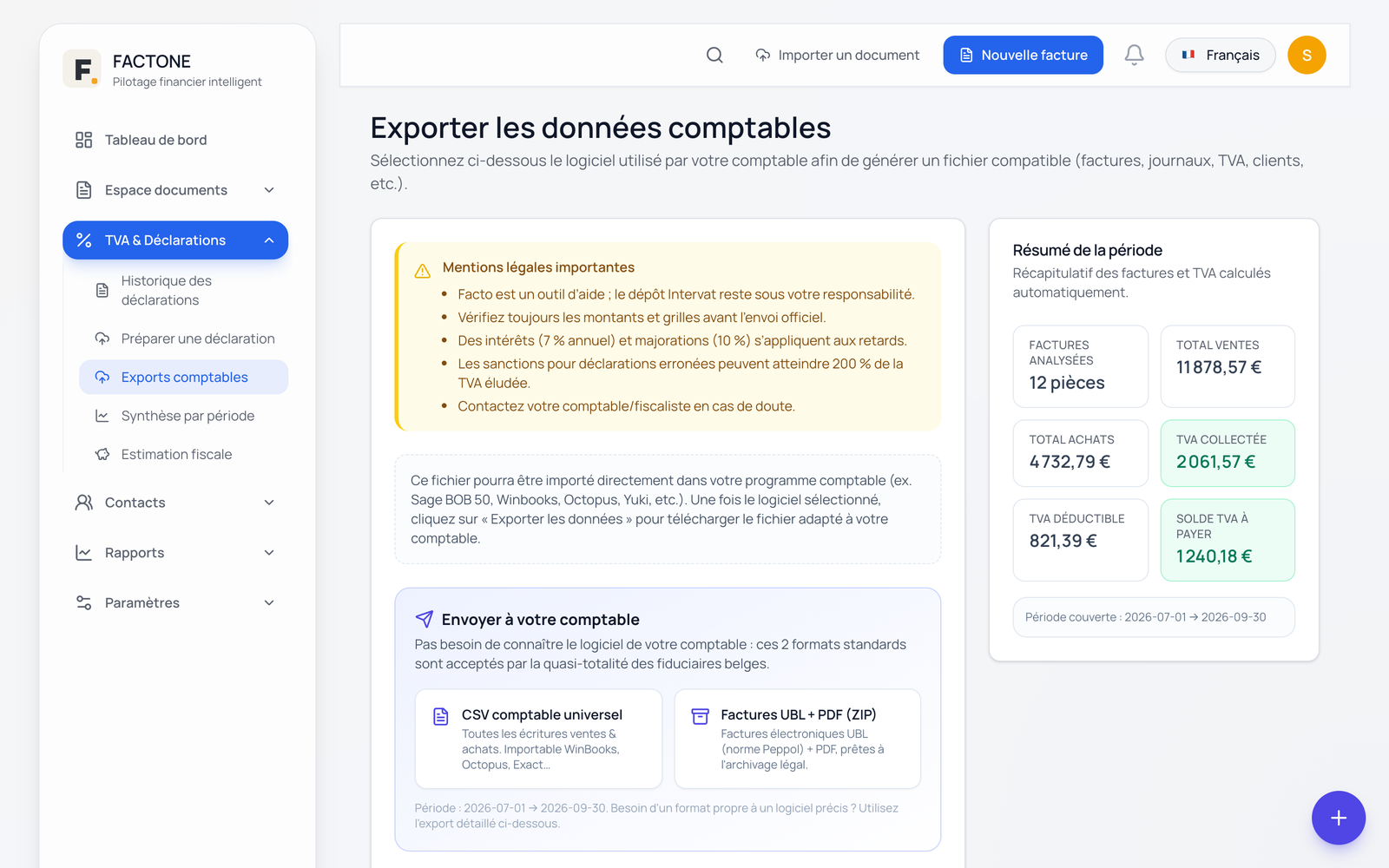 Export comptable par logiciel et résumé TVA de la période