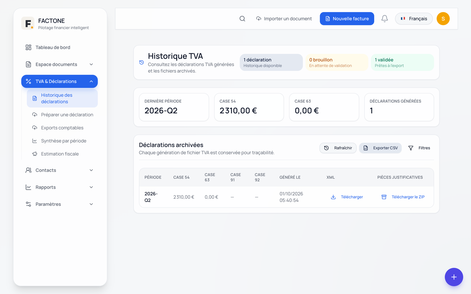 Historique des déclarations TVA avec fichier XML archivé