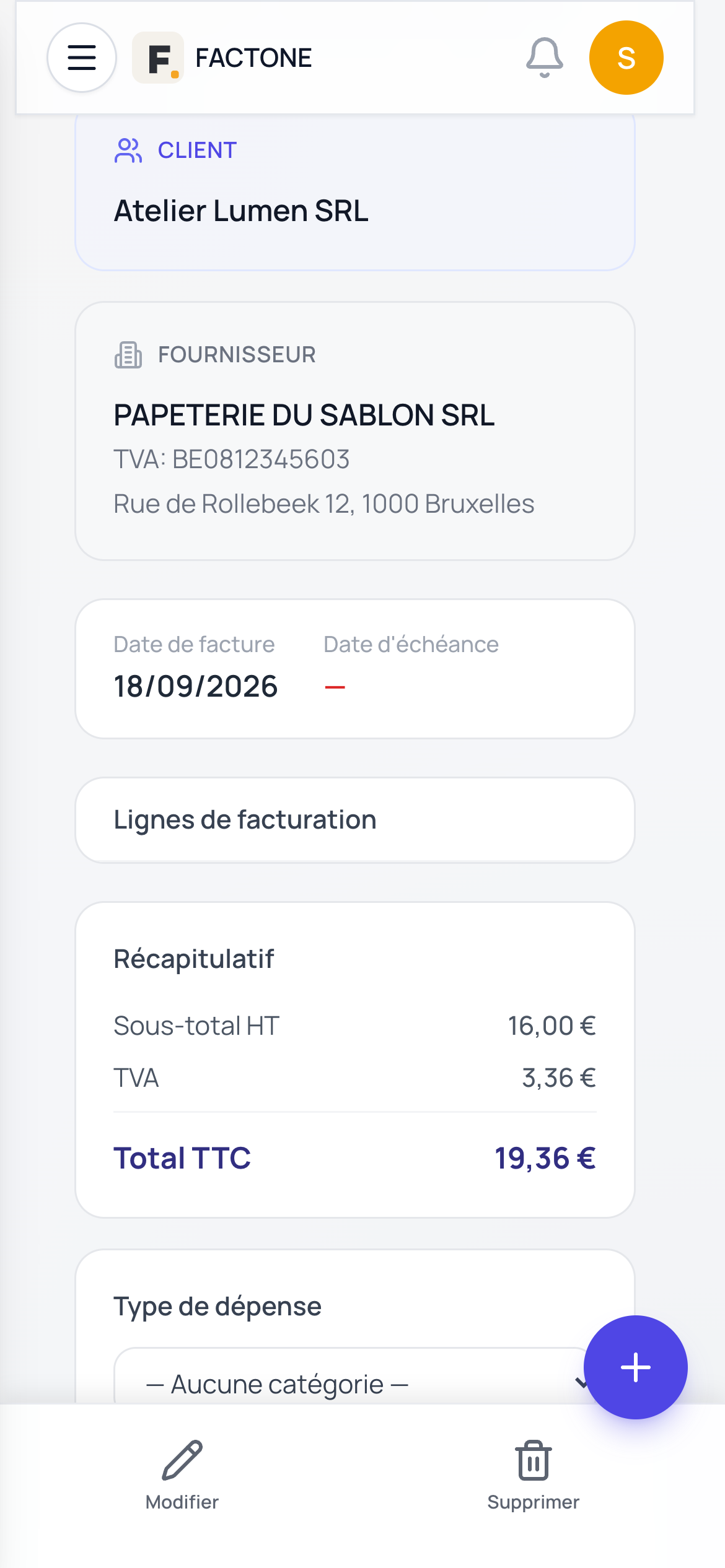 Dépense enregistrée : fournisseur, numéro de TVA, adresse et récapitulatif