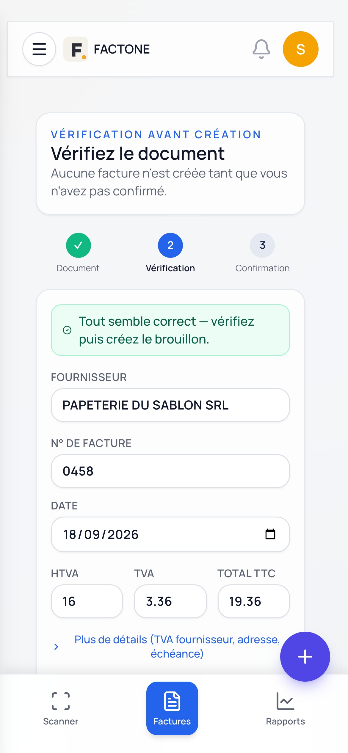 Champs lus sur le ticket : fournisseur, numéro, date, montants HT, TVA et TTC