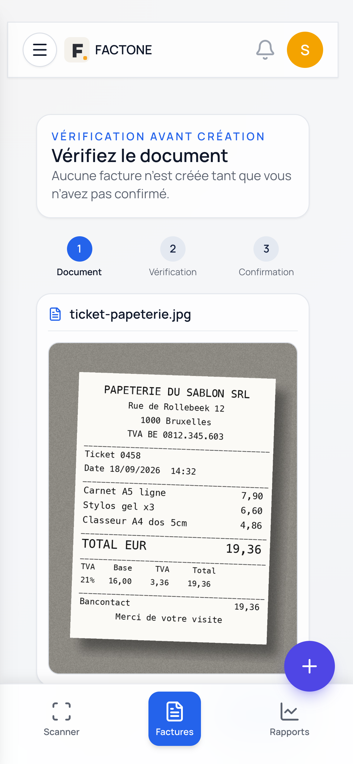 Ticket de caisse photographié, affiché dans FactOne avant analyse