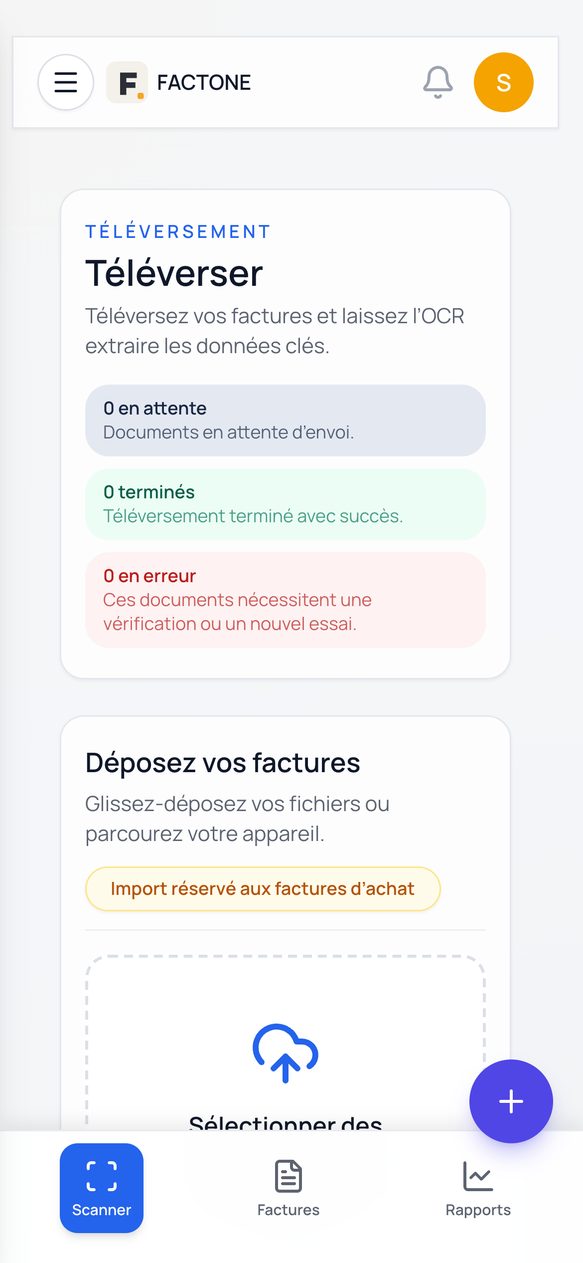 Écran de scan et d’import de documents sur mobile