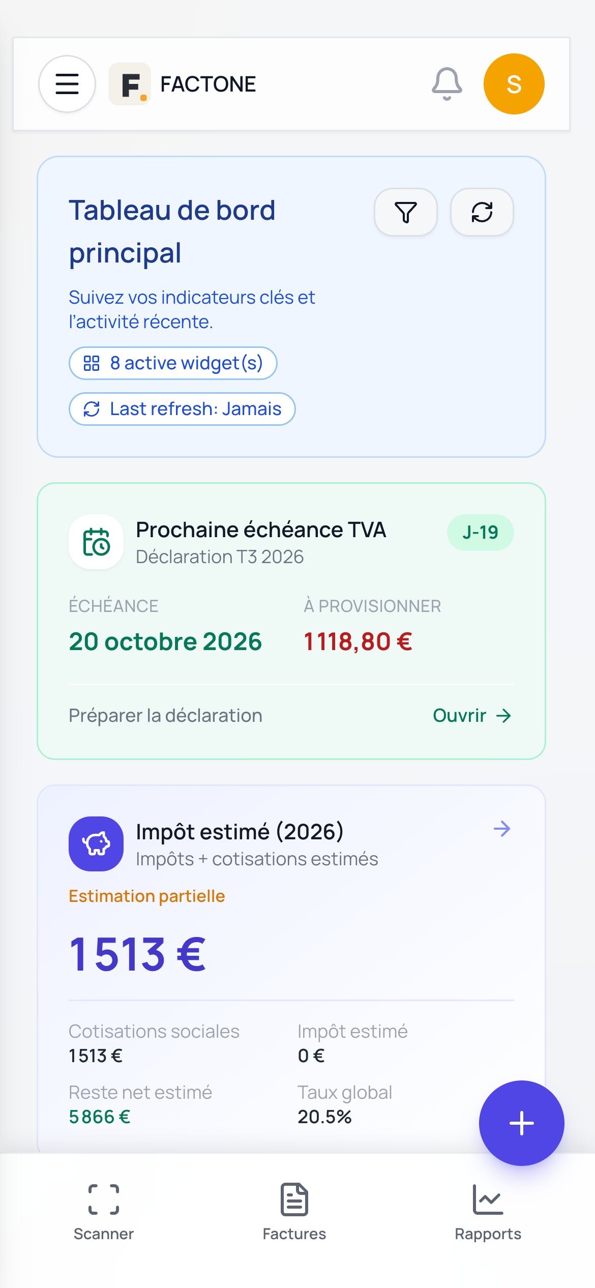 Tableau de bord FactOne sur mobile