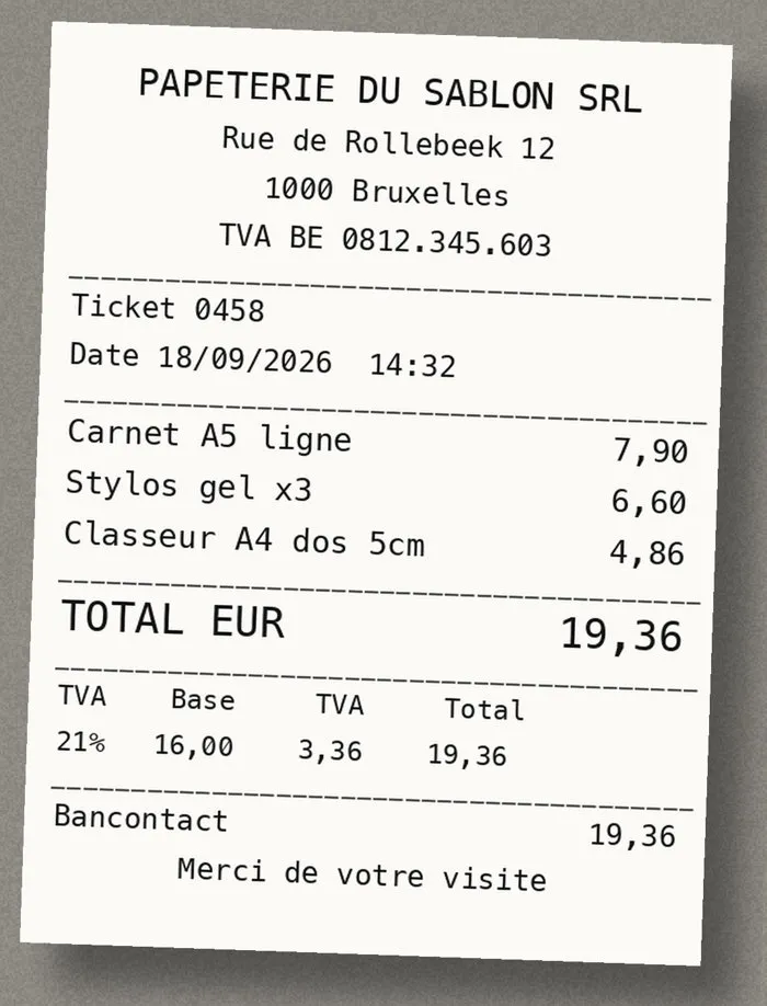Ticket de caisse fictif de la Papeterie du Sablon, 19,36 €